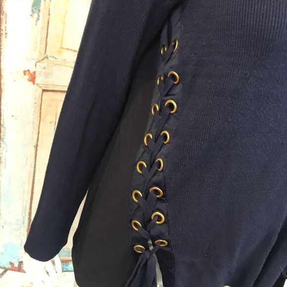 INC Navy Blue Lace Up Grommet Ribbed Sweater - Picture 4 of 9